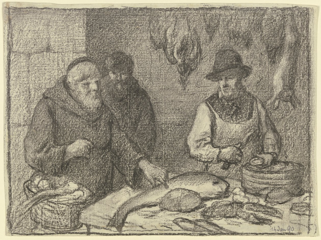 Monnik met een vishandelaar door Otto Scholderer