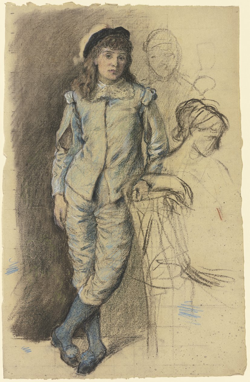Staande jongen in blauw kostuum uit “De gemaskerden” door Otto Scholderer