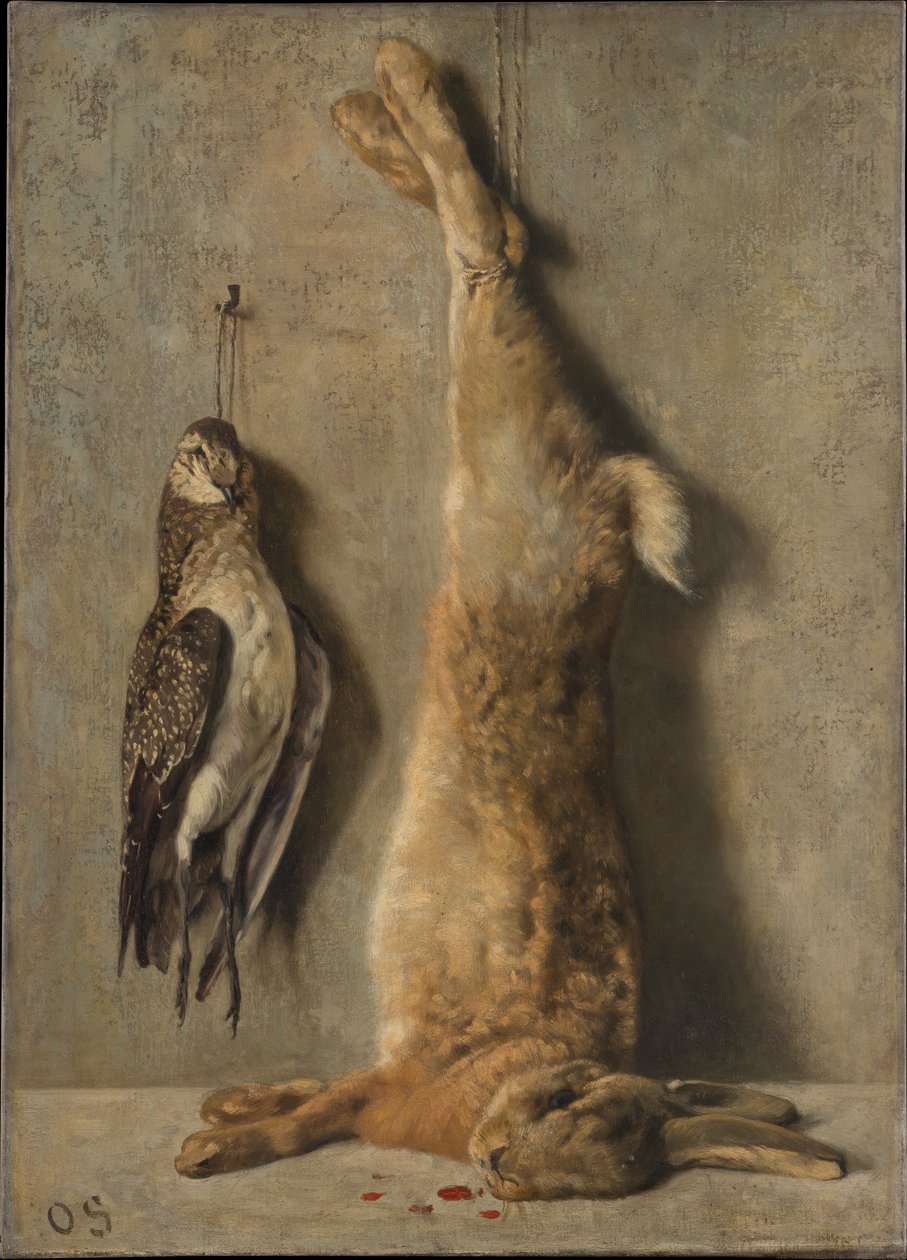Stilleven met een dode haas en een parelhoen voor een grijze muur door Otto Scholderer