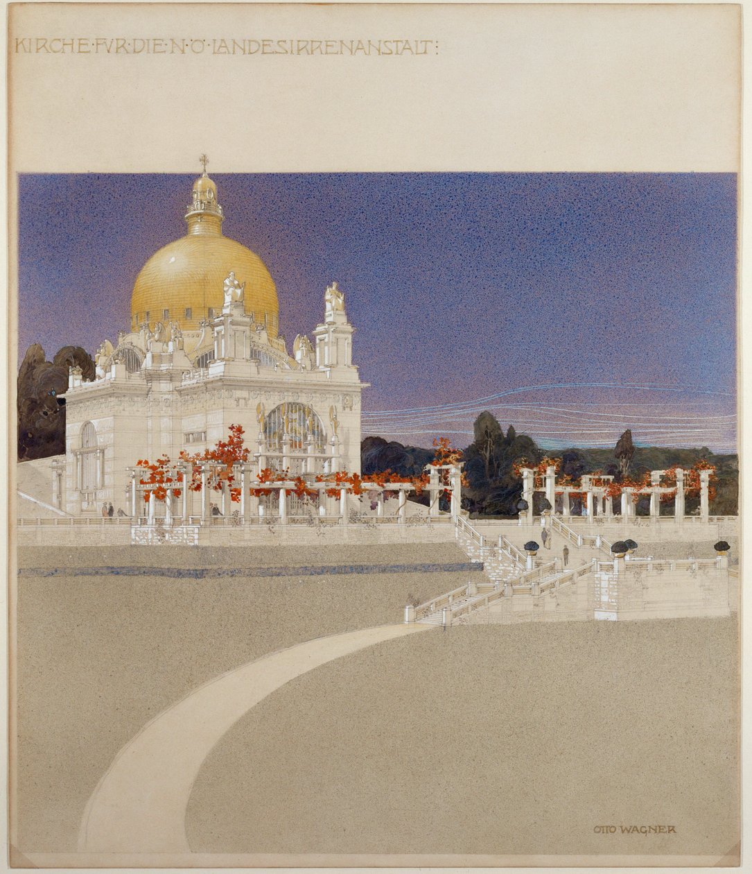 Kerk voor Steinhof Asylum, het centrale ziekenhuis voor geesteszieken in Wenen ... (krijt, pen, inkt en gewassen) door Otto Wagner