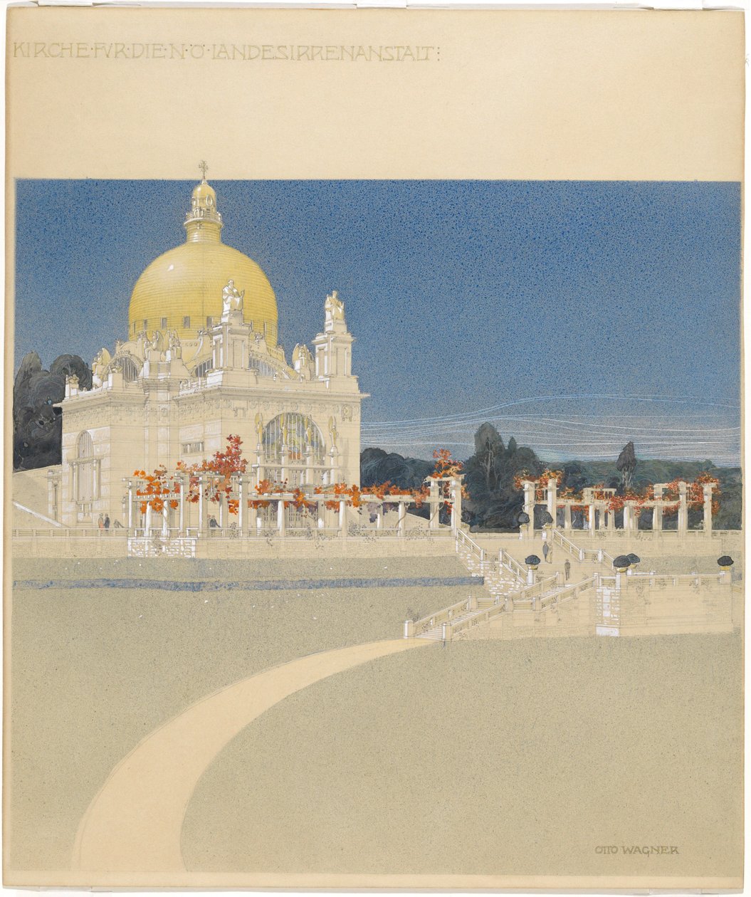 Sint-Leopoldkerk op de Steinhof, ontwerp voor een prijsvraag, perspectief door Otto Wagner