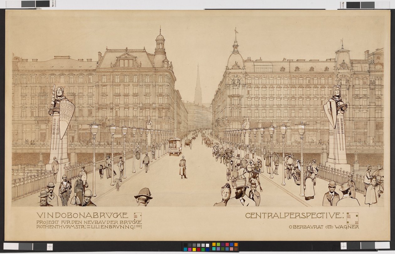 Vindobonabrug / Project voor de nieuwbouw van de brug Rothenthurmstraße - Lilienbrunngasse. Centraalperspectief door Otto Wagner