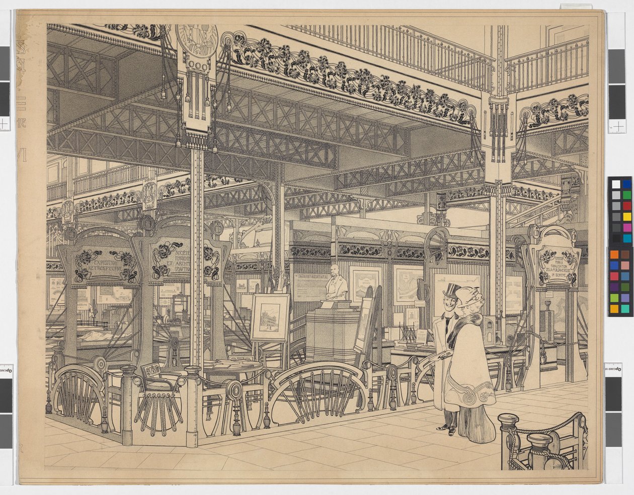 Wereldtentoonstelling in Parijs, groep VI: ingenieurswezen en spoorwegen op het Champ-de-Mars, perspectief door Otto Wagner