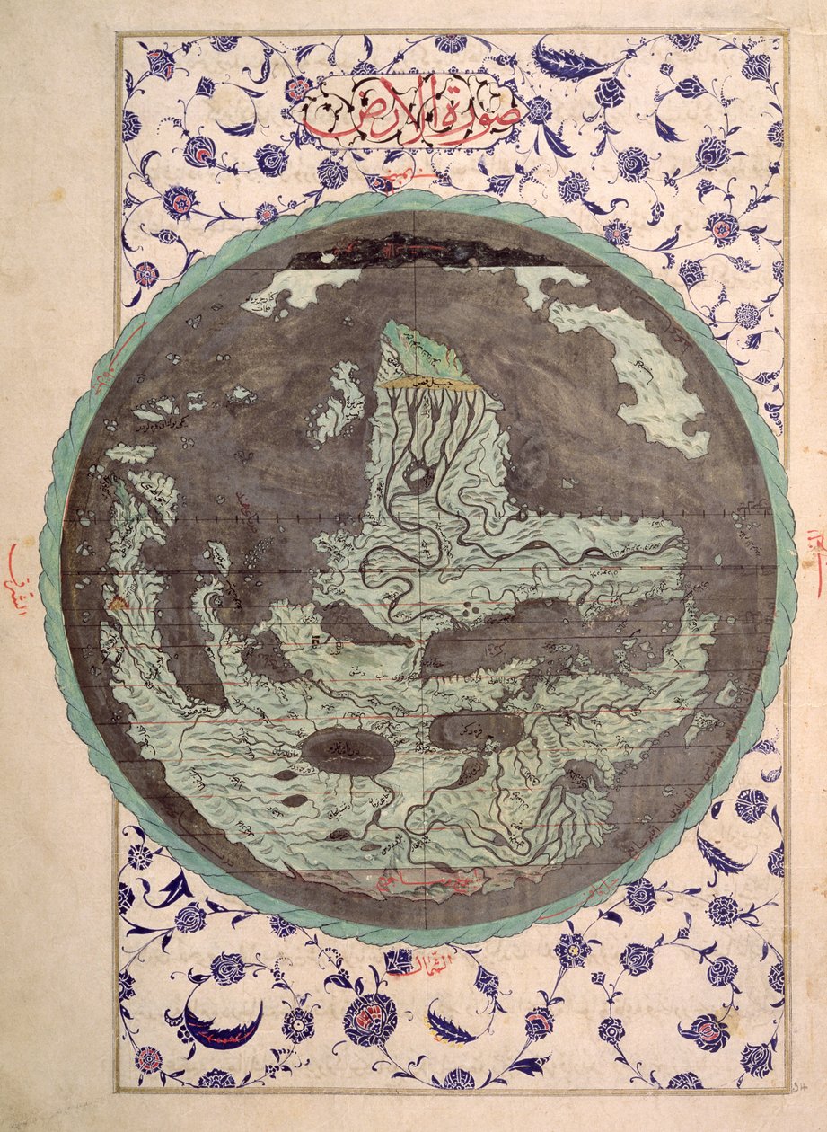 Wereldkaart, uit een kopie van Zubdat al-Tawarikh, late 16e eeuw door Ottoman School