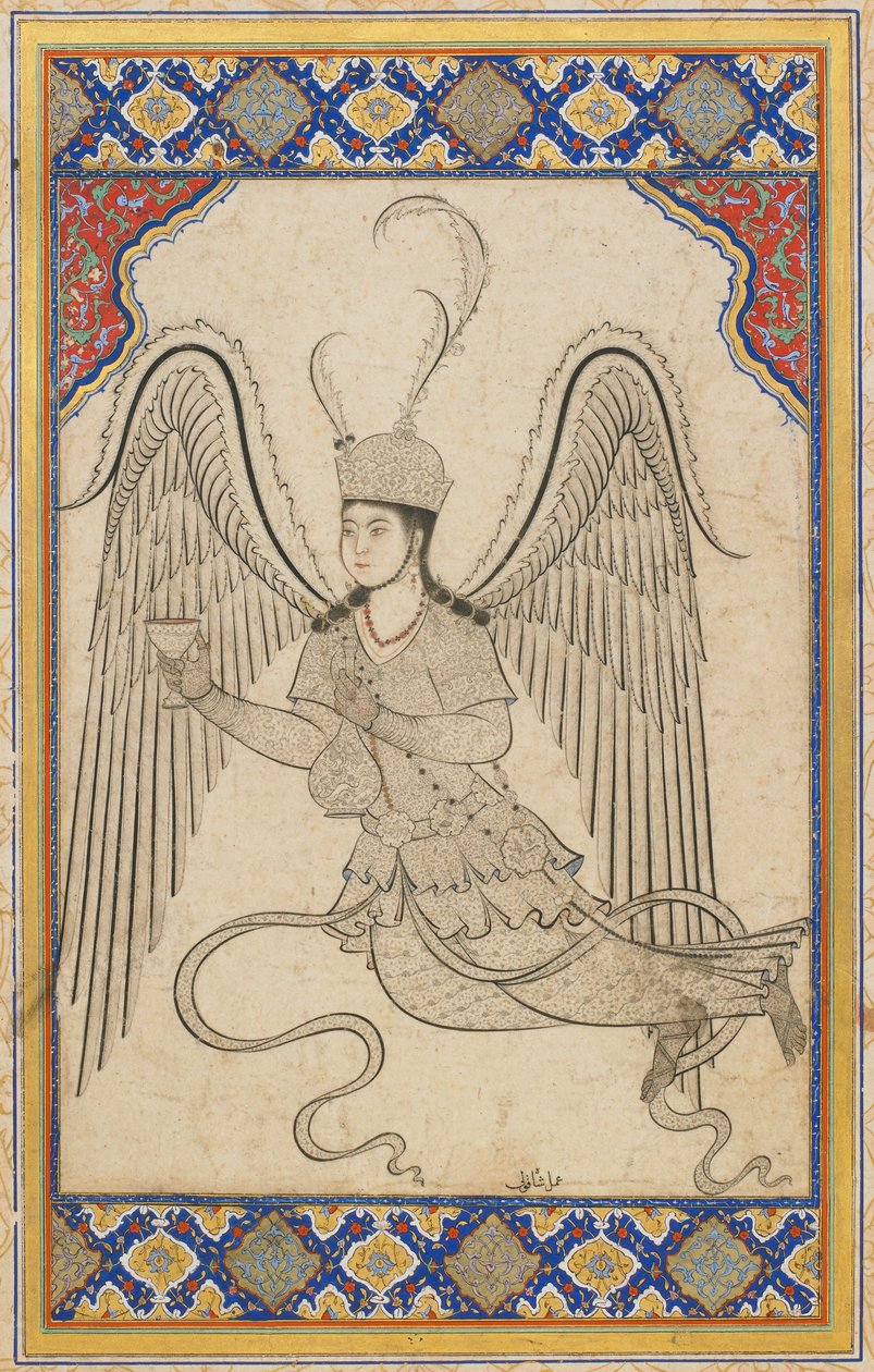Engel, vliegend, met beker en wijnfles door Ottoman School