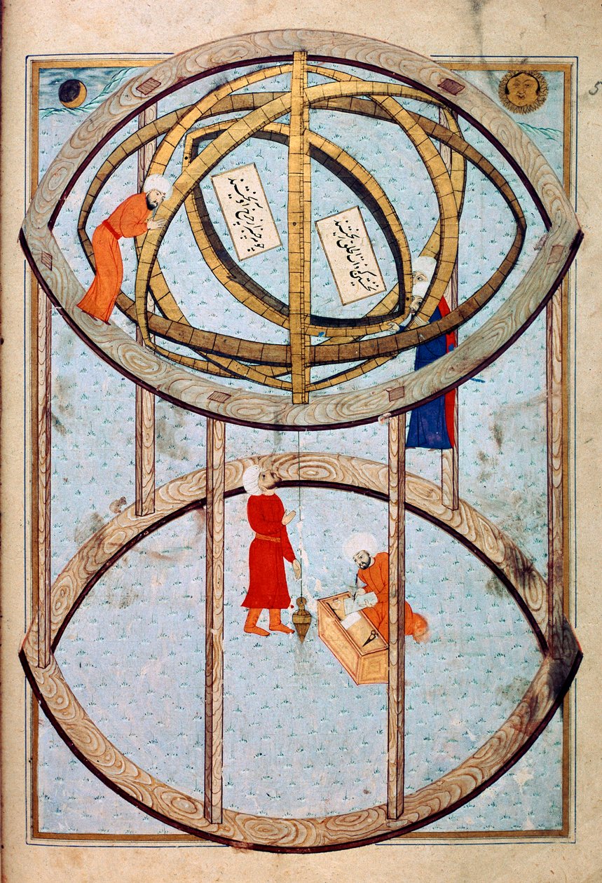 Astronomen manipuleren een enorme armillairsfeer en gereedschappen om lengte- en breedtegraad te meten. Miniatuur uit het manuscript ms. FY 1404 