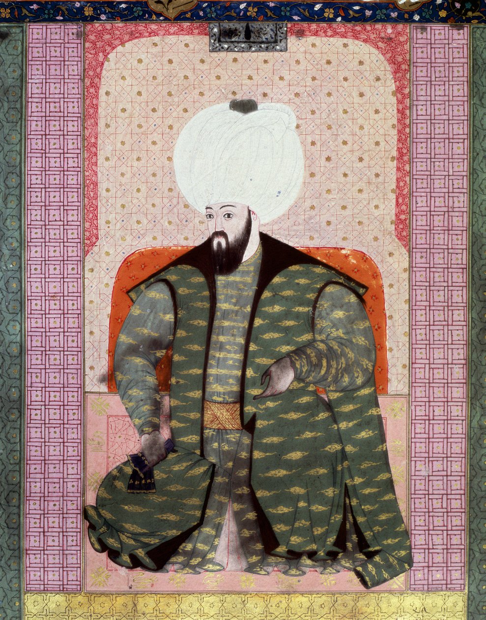 Ottomaanse Rijk: Portret van Ottomaanse Sultan Bajazed (Bayezid, Bajazet, Bayazid) II de Rechtvaardige (1447-1512) Miniatuur uit het manuscript (Ms. 1973, folio 62a) Zubdat al Tawarikh (Creme van Verhalen) door historicus Seyid Loqid Ashuri door Ottoman School