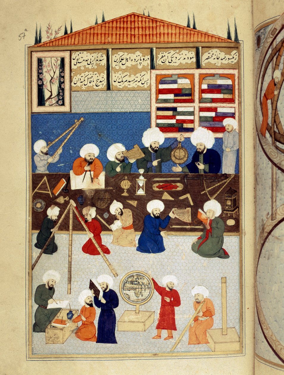 Wetenschap en Islam: beschrijving van het astronomisch observatorium van de Arabische wetenschapper Taqi al-Din (1526-1585) gebouwd onder Murad III in Istanboel in 1577, astronomen werken met instrumenten. Manuscript miniatuur ms. FY 1404 door Ottoman School