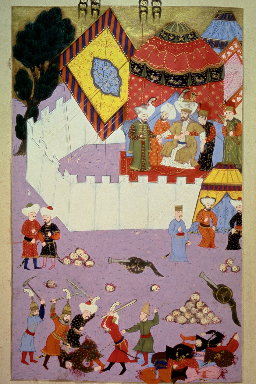 De moord op sultan Murad I (1326-1389) door de Servische ridder Milos Obilic in de Slag bij Kosovo door Ottoman School