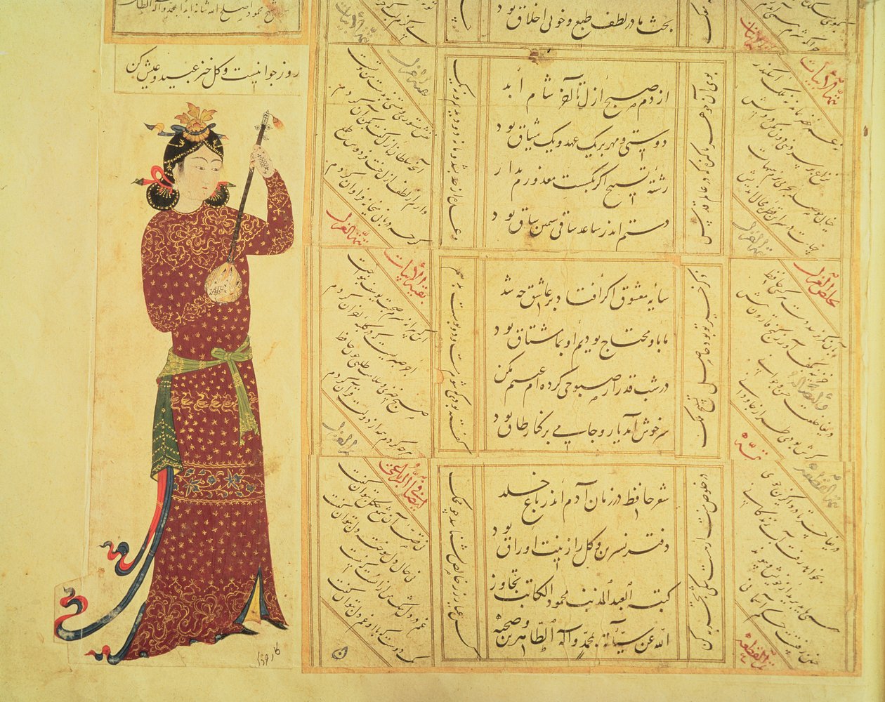 Vrouw die de rebab speelt en kalligrafie door Ottoman School