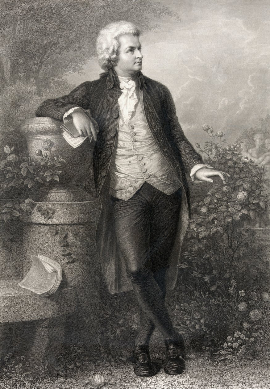 Wolfgang Amadeus Mozart, gegraveerd door Paul Barfus (1823-95) door P. Schworer