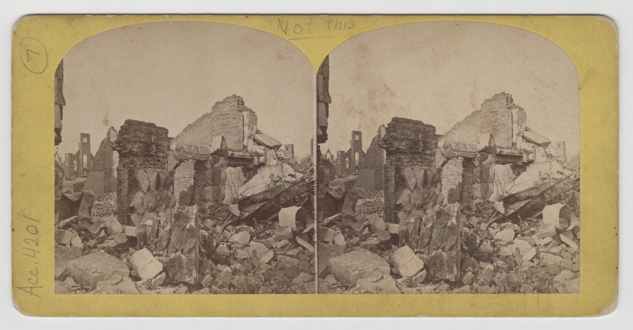 Stereograaf uitzicht op Terrace Block aan Michigan Avenue na de brand van Chicago in 1871 door P.B. Greene