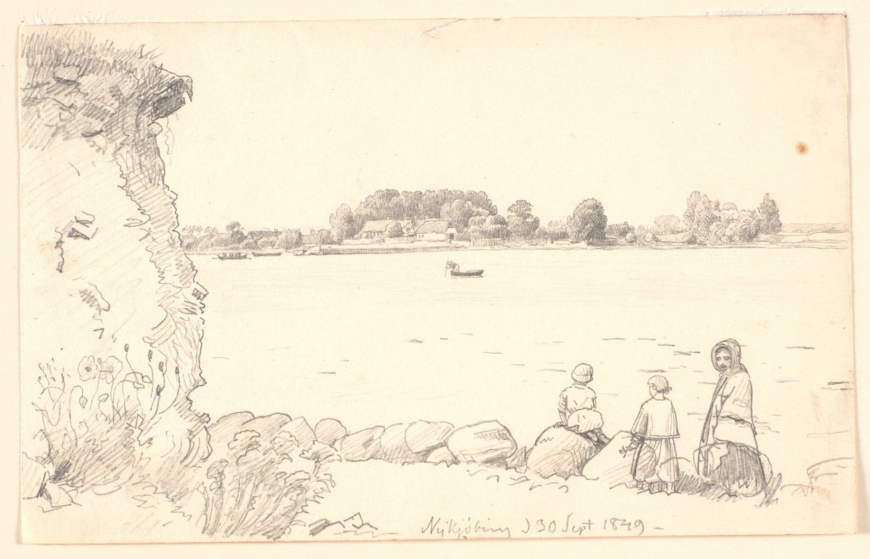 Een dame en twee kinderen bij Guldborg Sund. Nykøbing Falster. door P.C. Skovgaard