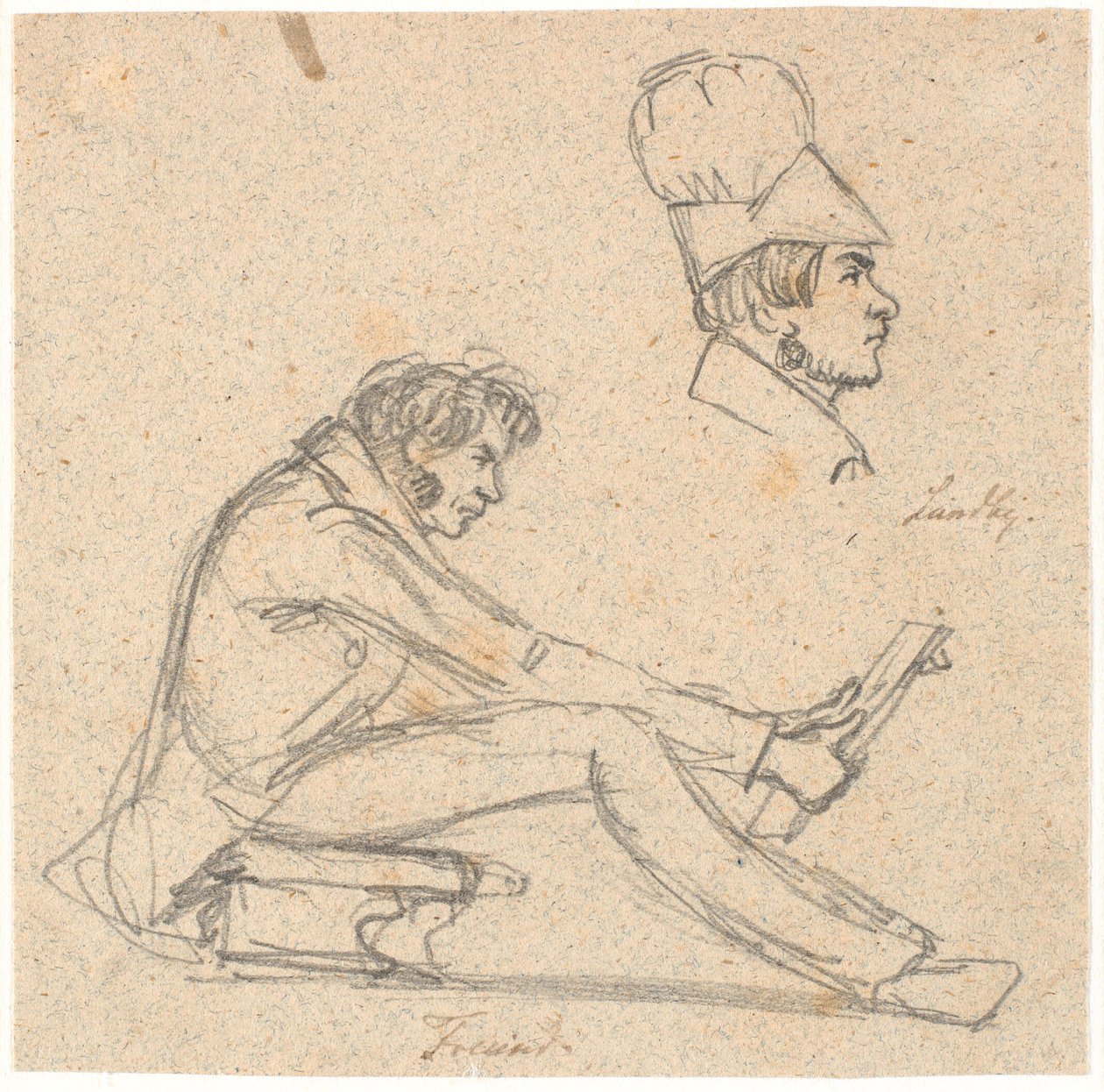 H.E. Freund zittend op een kruk en een tekening bekijkend. Boven rechts profielportret van J. Th. Lundbye. door P.C. Skovgaard
