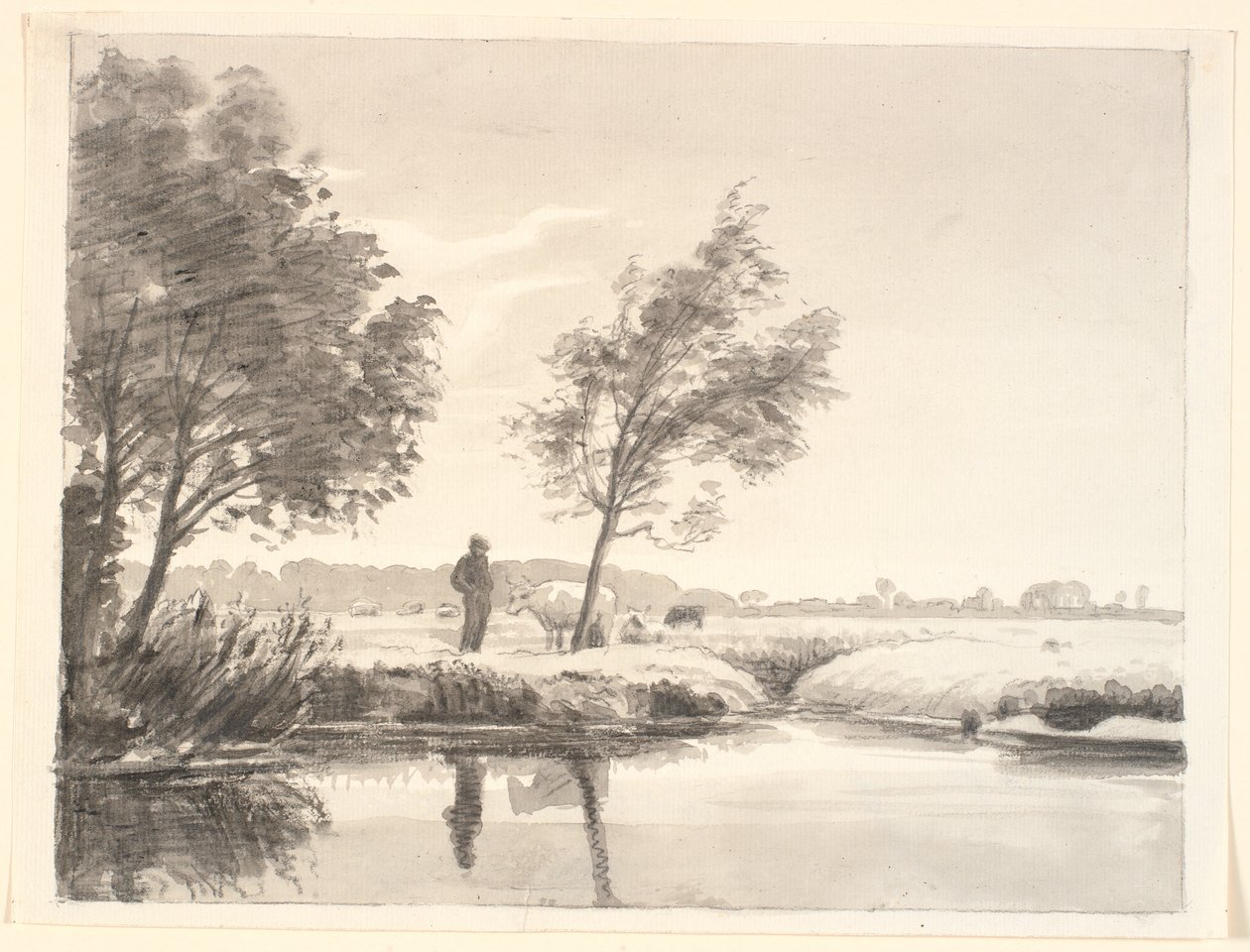 Landschap met velden, bomen, koeien en een boer die zich in het water van de voorgrond spiegelt door P.C. Skovgaard