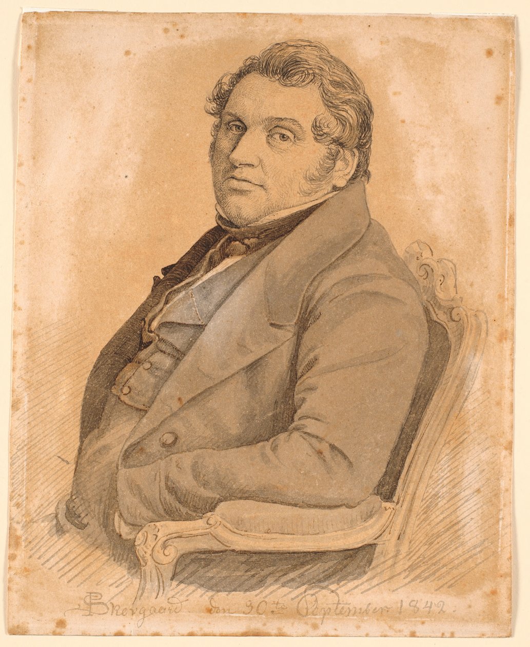 Portret van een zittende, corpulente man in halve figuur, driekwart profiel naar links door P.C. Skovgaard