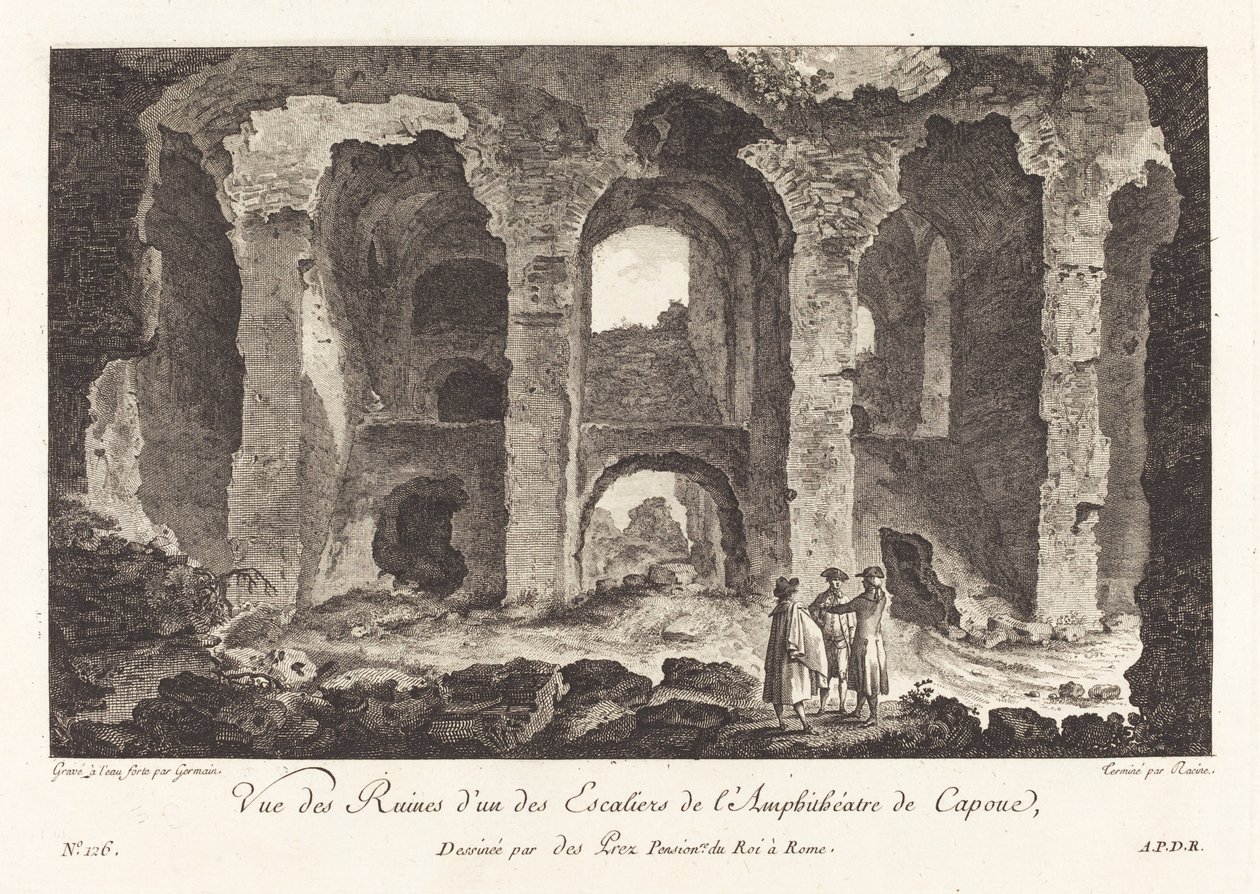 Uitzicht op de ruïnes van een van de trappen van het amfitheater van Capua door P.F. Germain after Louis Jean Desprez