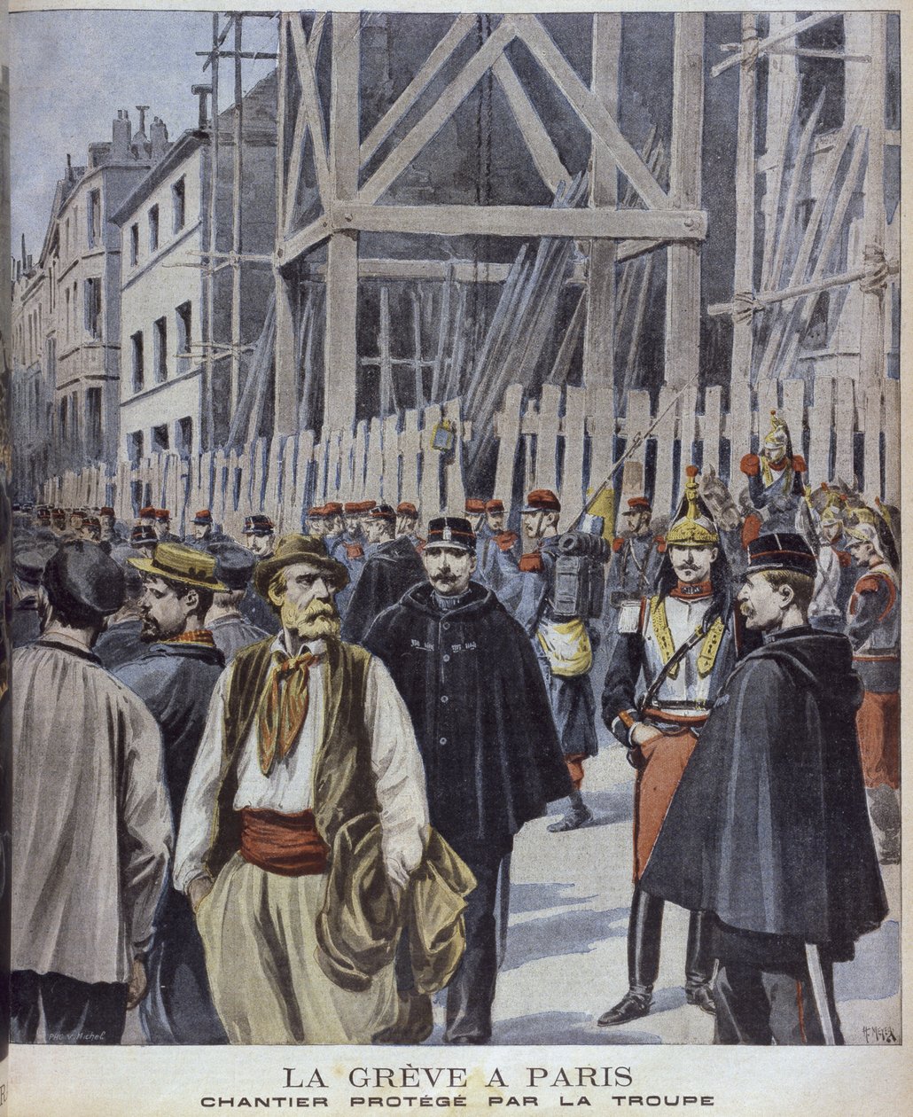 Staking in Parijs, bouwplaats beschermd door het leger, illustratie uit 