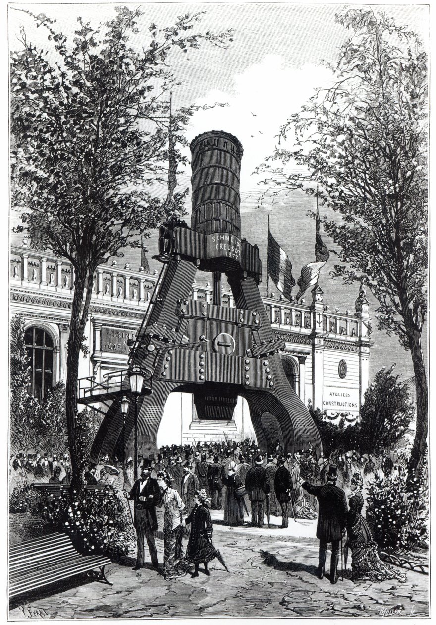 Universele tentoonstelling in Parijs in 1878: de Le Creusot-krachtige hamer in Champs-de-Mars, 1878 door P. Ferat