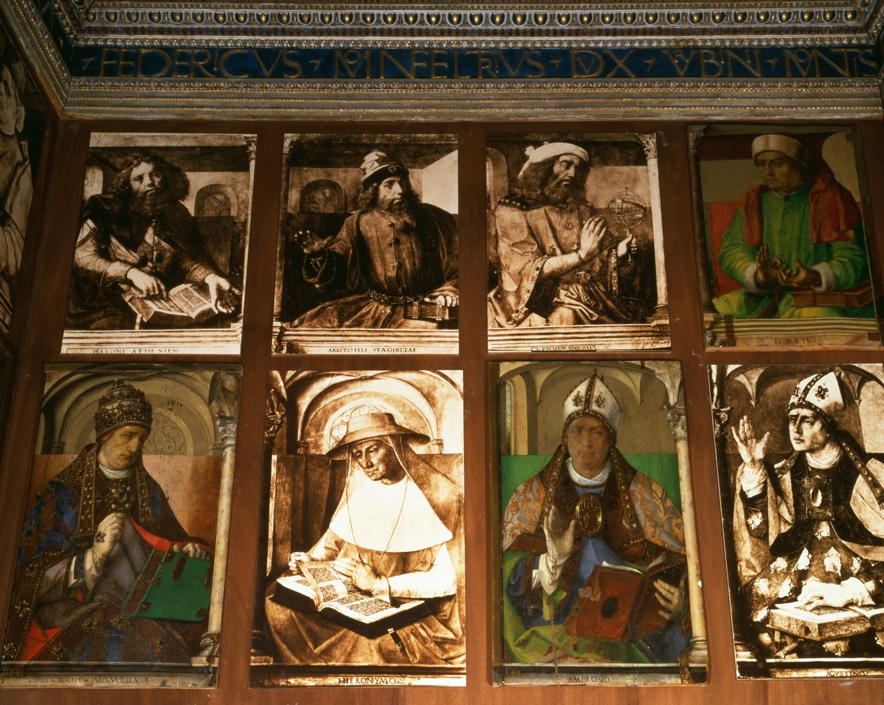 De studie van Federigo da Montefeltro, Hertog van Urbino, met Griekse filosofen Plato (c.427-347 v.Chr.) en Aristoteles (384-322 v.Chr.); Ptolemaeus, astronoom (c.90-168); Boëthius, filosoof (c.48 door P. Joos van Gent and Berruguete