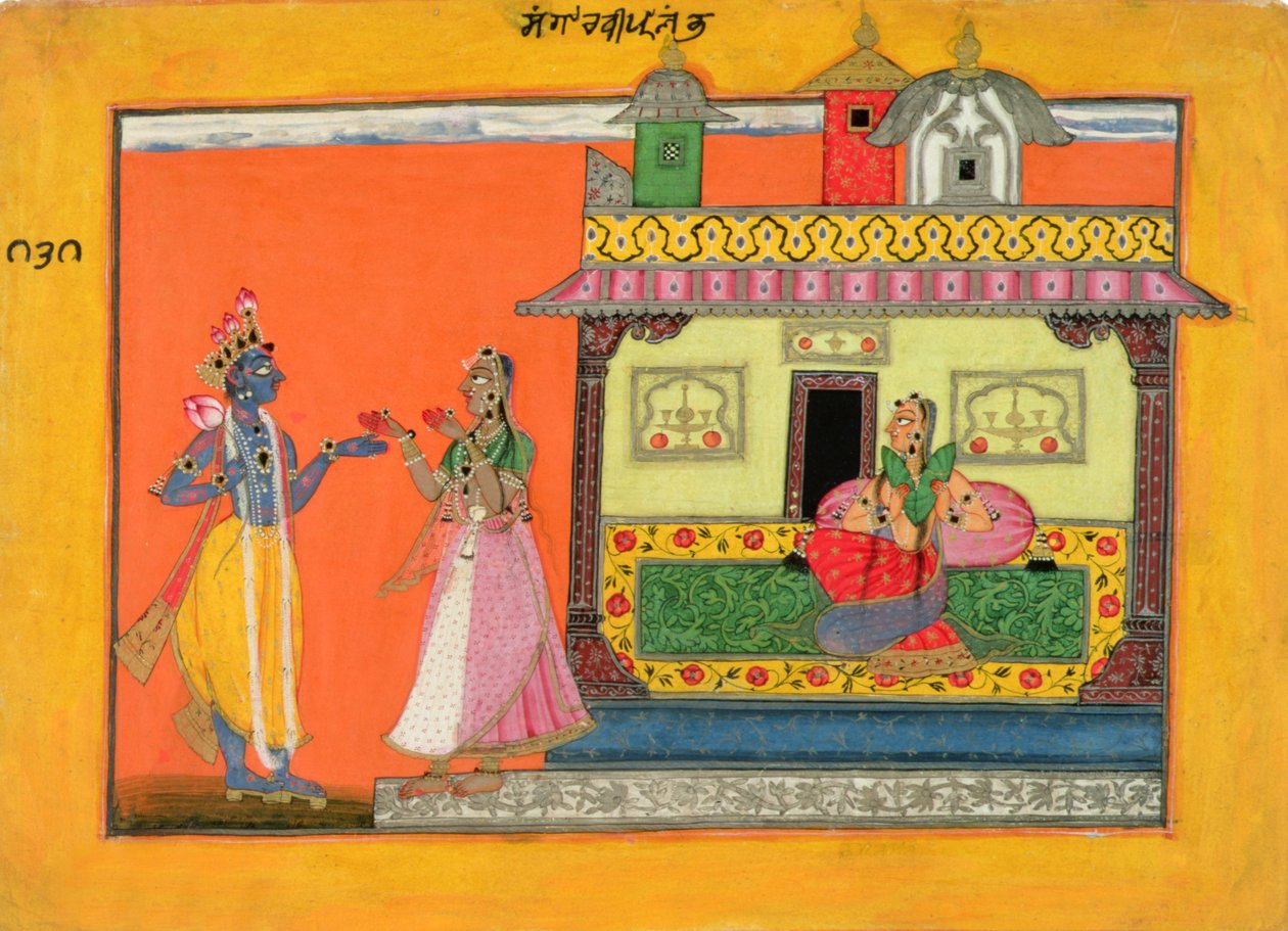Krishna arriveert bij Radhas huis, illustratie uit een manuscript van de Rasamanjari van Bhanudatta, Basholi stijl, c.1660-70 door Pahari School