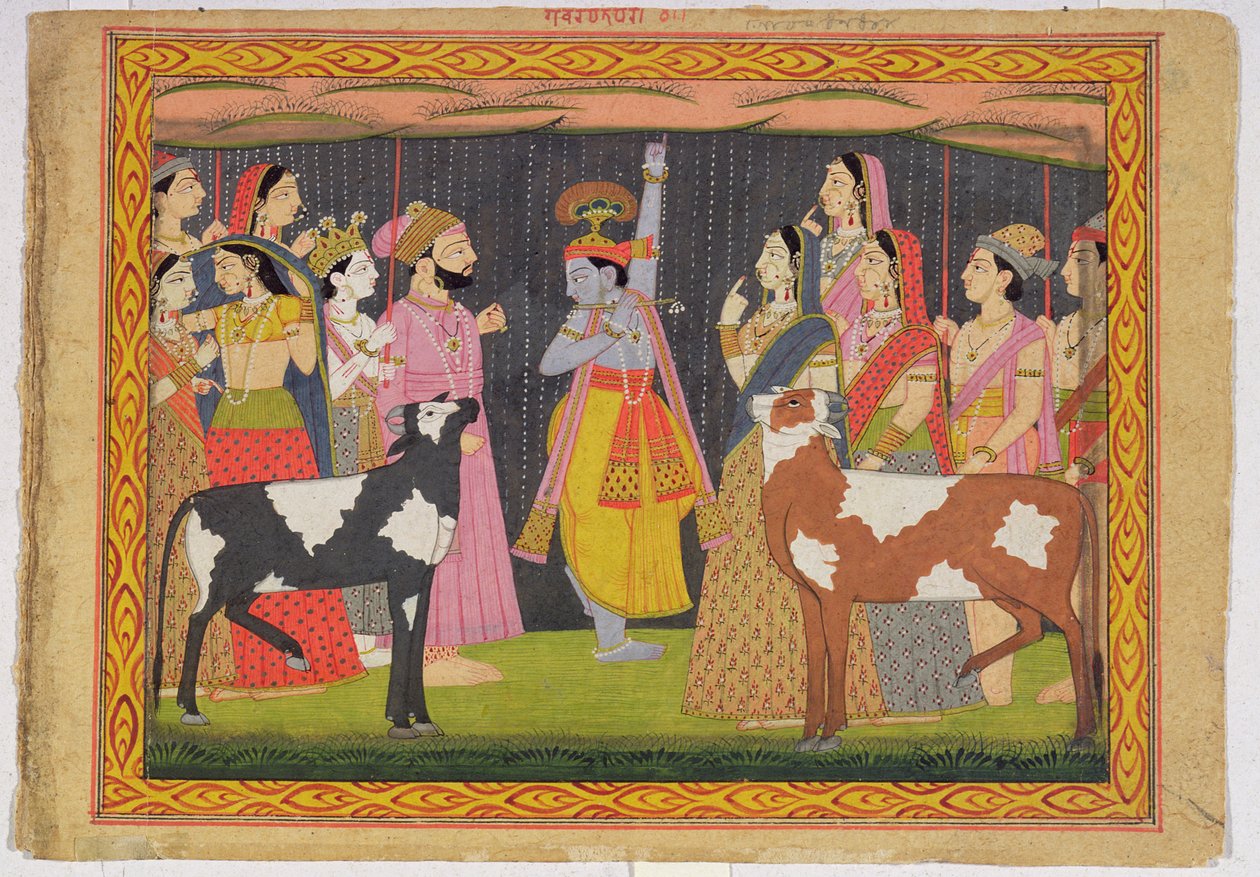 Krishna tilt de berg Govardhana op, uit de Bhagavata purana door Pahari School