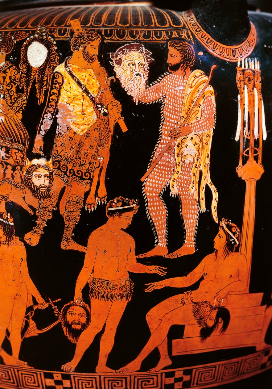Roodfiguren voluutkrater met een acteur die zijn masker vasthoudt, uit Ruvo, ca. 410 v.Chr. door Painter Pronomos
