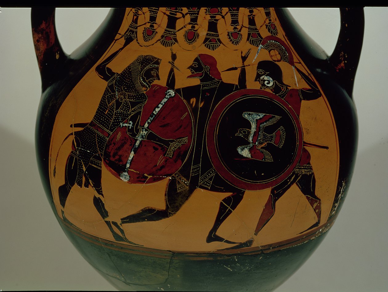 Attische zwartfigurige amfora versierd met een scène van Heracles gekleed in een leeuwenhuid vechtend tegen Cycnus, ca. 540 v.Chr. (keramiek) door Painter of Berlin