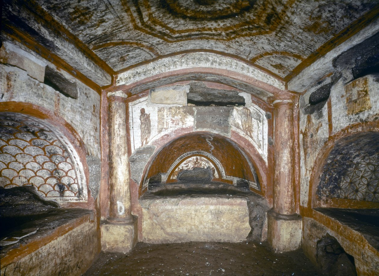 vroegchristelijke kunst: Catacomben van Domitilla. Cubiculum van Orpheus, midden 3e eeuw (fresco) door Paleo Christian