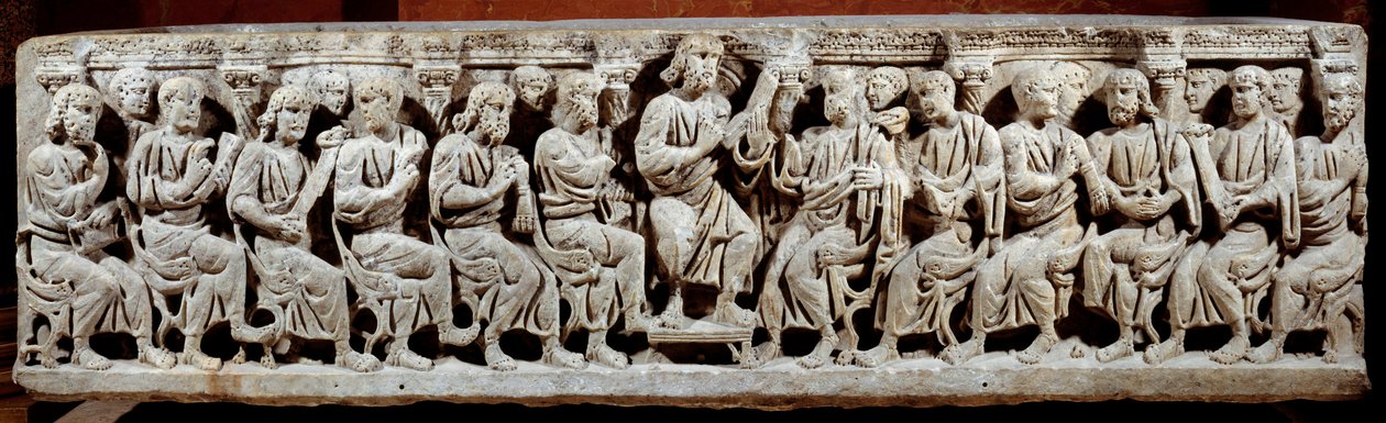 Paleochristelijke kunst: gebeeldhouwde sarcofaag die Christus uitbeeldt die onderwijst met de atres door Paleo Christian