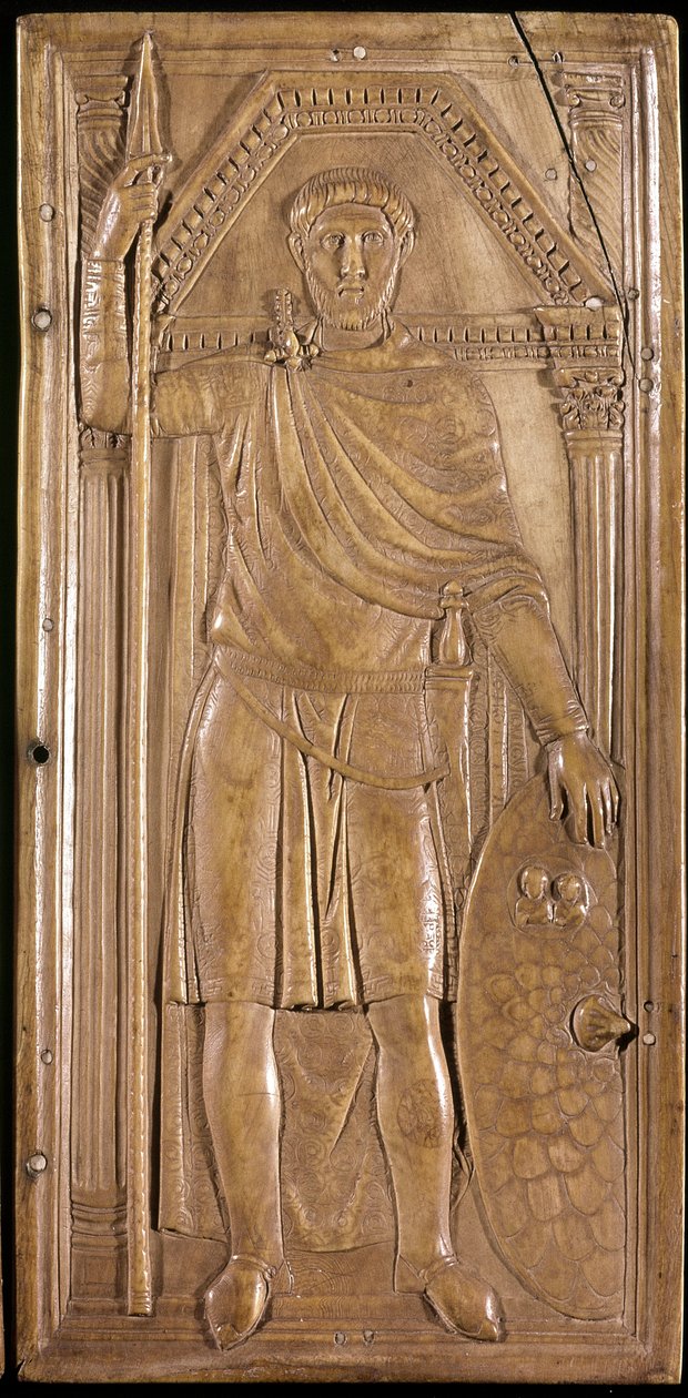 Stilicho in wapenrusting, generaal, patriciër en consul van het West-Romeinse Rijk. Rechter paneel van het diptiek van Stilicho (ivoorsculptuur, ca. 395) door Paleo Christian