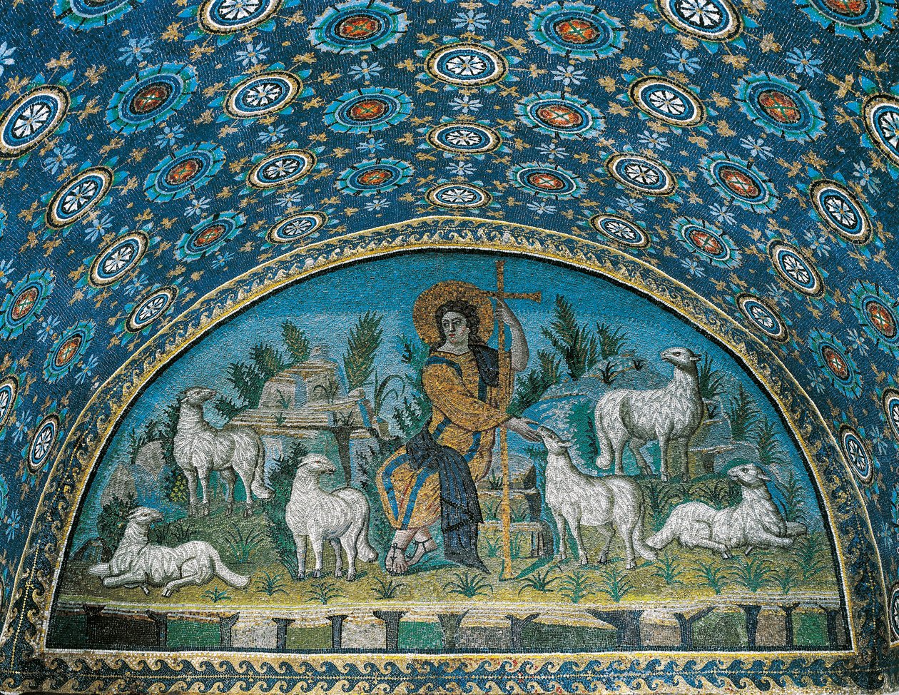 De Goede Herder, Mozaïek van de boog boven de ingang van het Mausoleum van Galla Placidia, ca. 425 door Paleo Christian