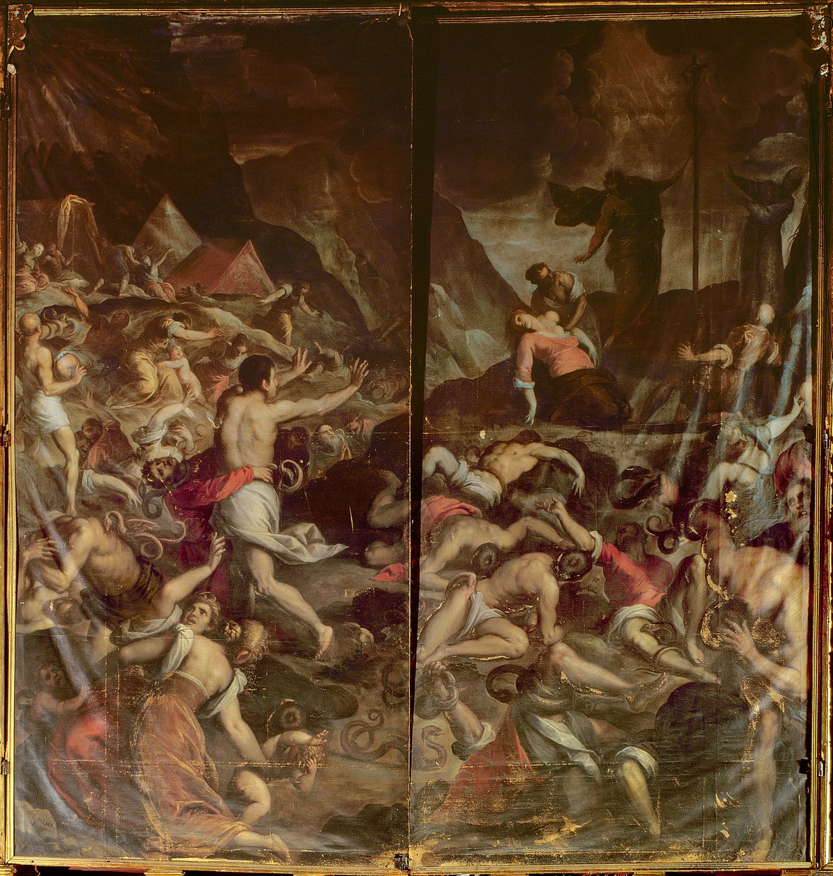 Twee orgeldeuren met de vurige slangen die het kamp van Mozes teisteren na de dood van Aaron, 1600 door Palma Il Giovane