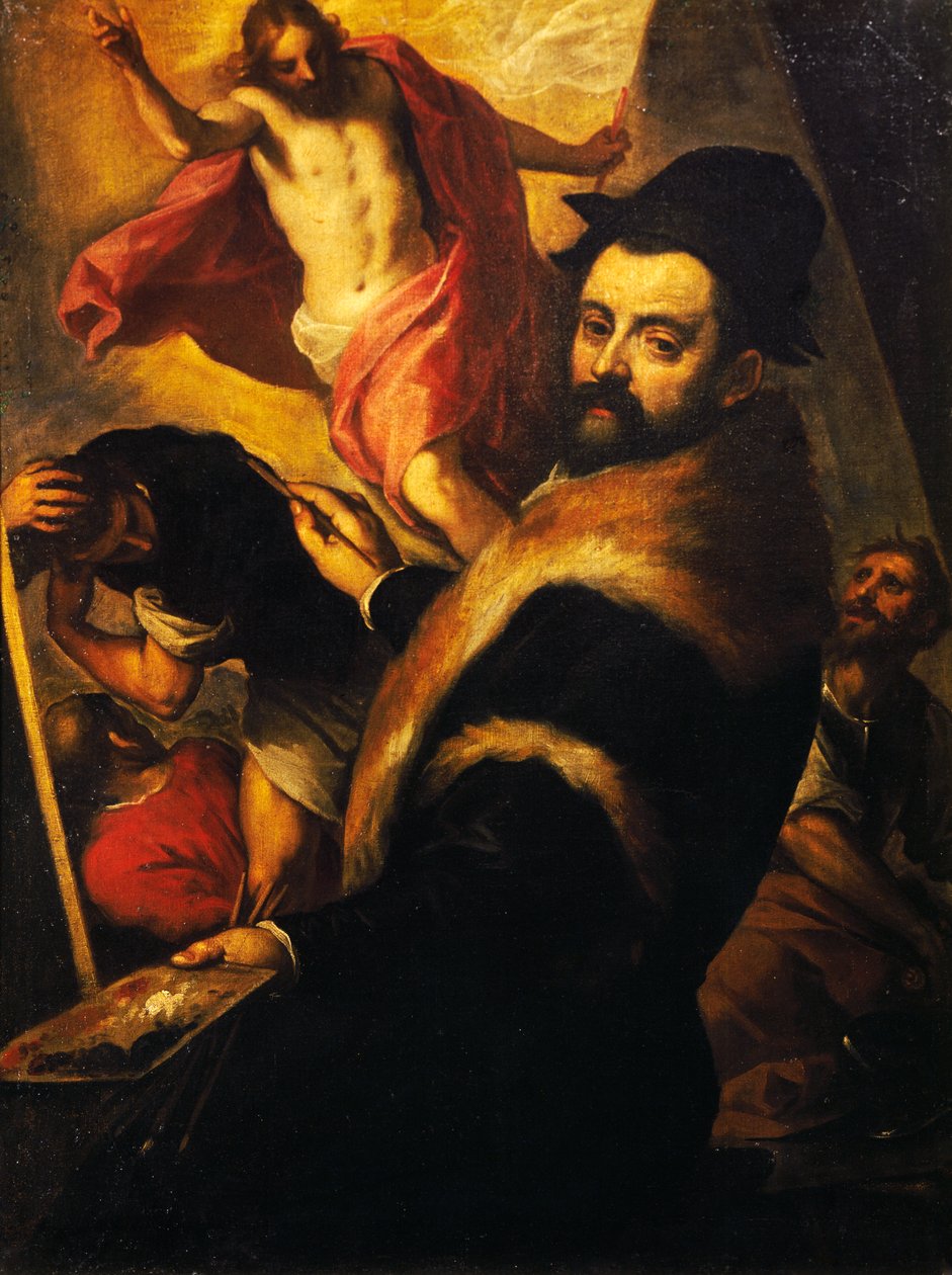 Zelfportret tijdens het schilderen van de Opstanding door Palma Il Giovane