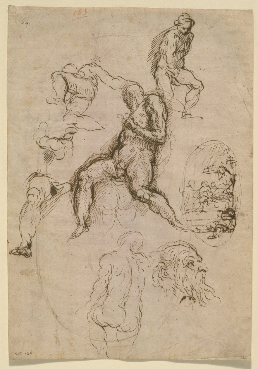 Blad met studies voor schilderij in de Salone del Maggior Consiglio, Dogepaleis, Venetië door Palma Il Giovane