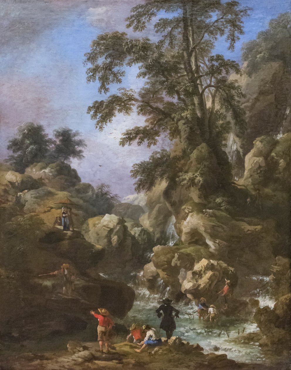 Landschap met waterval en figuren door Pandolfo Reschi