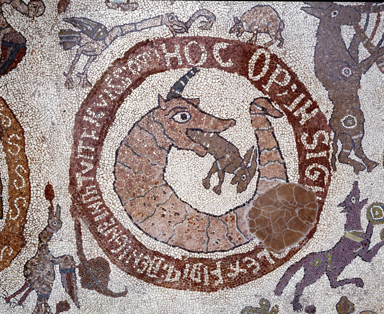Voorstelling van de Leviathan in de vorm van een krokodil die Satan belichaamt en een haas in zijn mond houdt die de mens voorstelt door Pantaleon Pantaleon