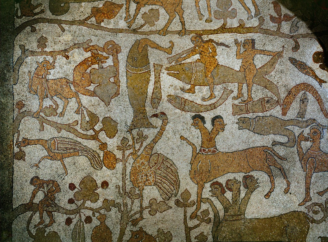 Beesten van India boven de afbeelding van de Indiase veroveraar Alexander de Grote, van de mozaïekvloer van de kathedraal van Otranto (mozaïek) door Pantaleone Pantaleone