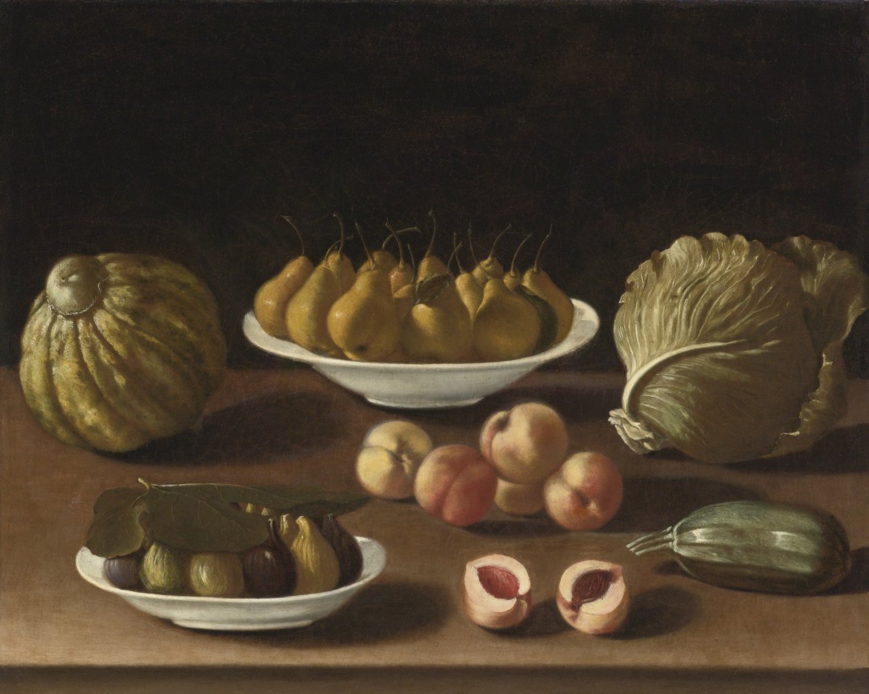 Stilleven met peren, perziken, vijgen, een meloen, kool en merg door Paolo Antonio Barbieri