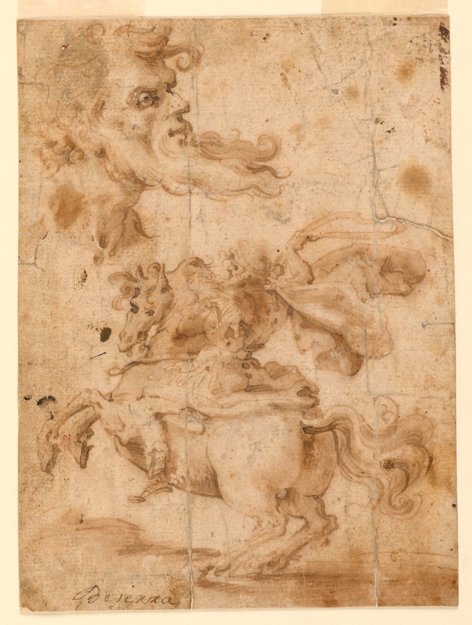Tekening, Het hoofd van een man met een baard, een man te paard, ca. 1650 door Paolo Emilio Besenzi