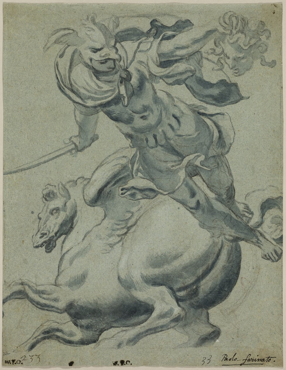 Perseus houdt het hoofd van Medusa vast, met Pegasus op de achtergrond door Paolo Farinati