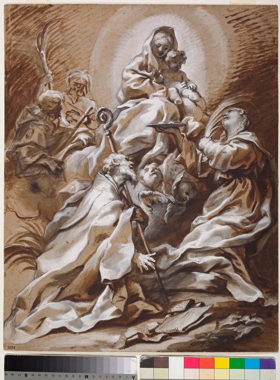 De Maagd en het Kind in Glorie met Heiligen Fortunato, Nicolaas, Jacobus en Christoffel door Paolo Gerolamo Piola