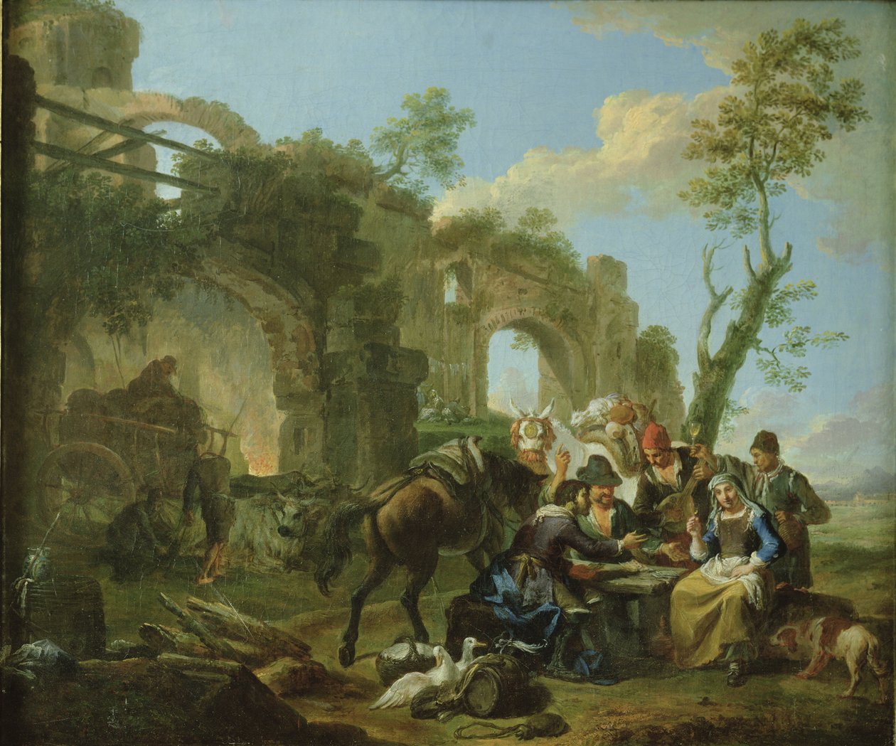 Ruiters rustend tussen klassieke ruïnes met een waarzegster door Paolo Monaldi