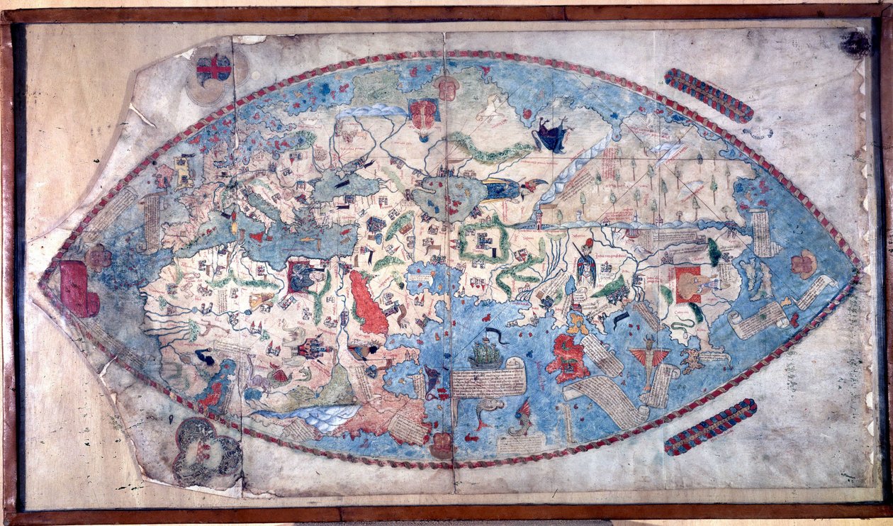 Wereldkaart van Paolo Toscanelli (1397 - 1497). 1457. Deze kaart vertegenwoordigt het Europese beeld van de aarde vóór de ontdekking van de grote continenten. Biblioteca Nazionale Florence door Paolo Toscanelli