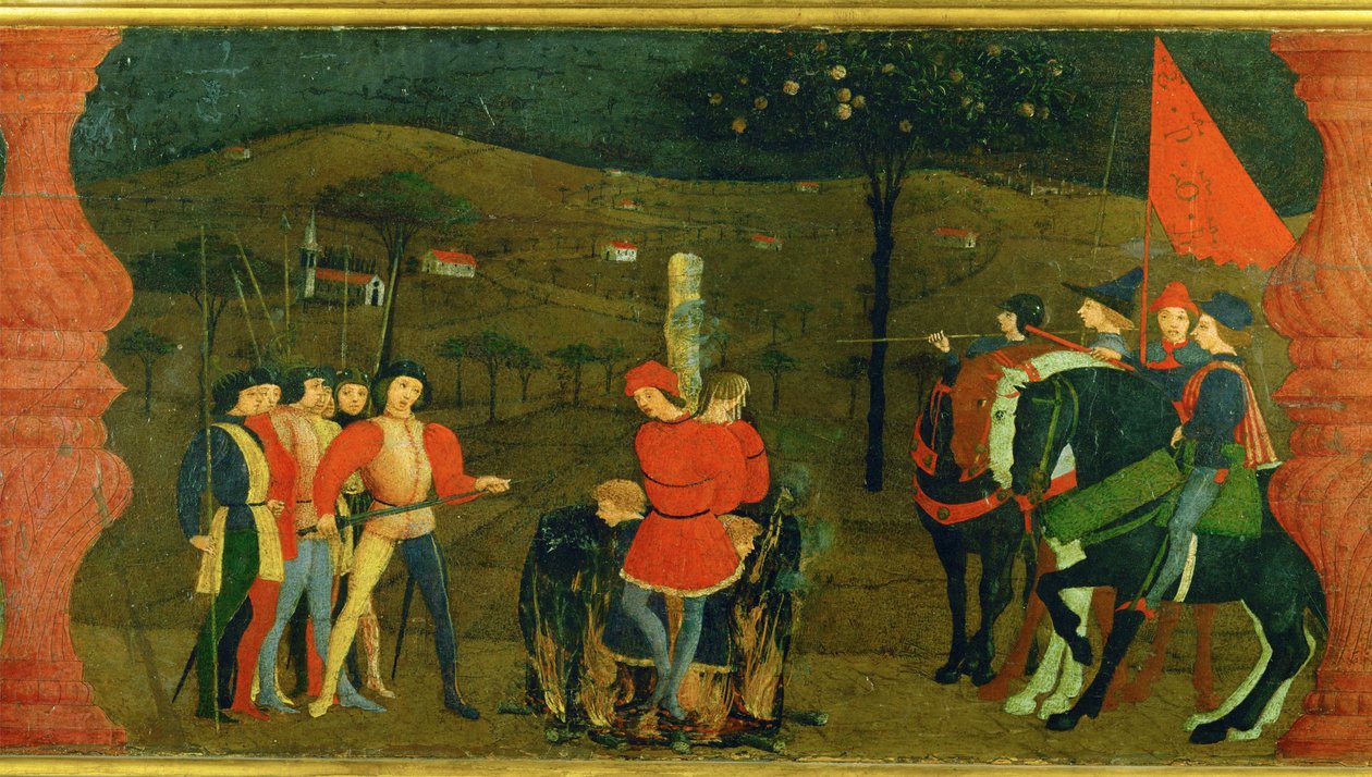 De ontheiliging van de HoSt. De daders worden verbrand op de brandstapel (distemper op hout) door Paolo Uccello