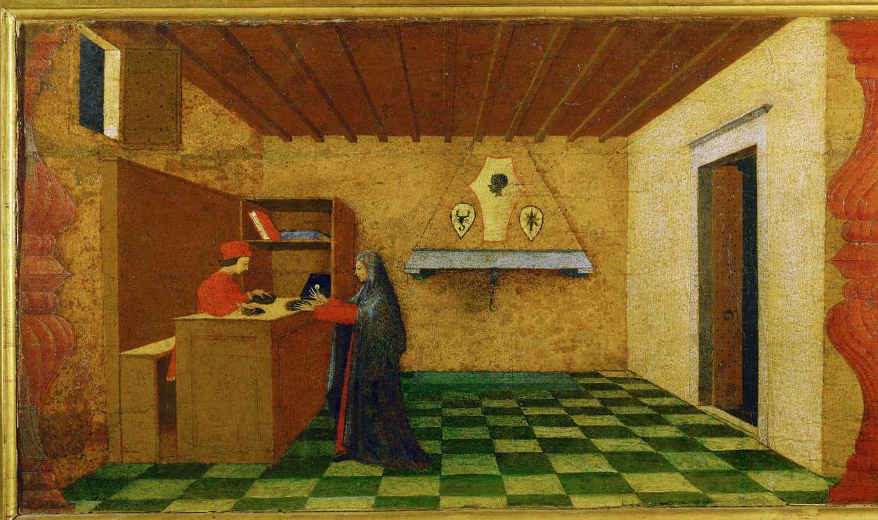 De ontheiliging van de hostie: De hostie wordt verkocht aan een koopman (schurft op hout) door Paolo Uccello