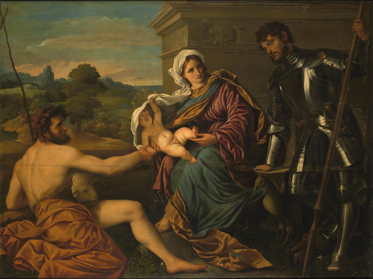 Madonna en Kind met Sint Jan de Doper en Sint Joris (Heilige Conversatie) door Paris Bordone