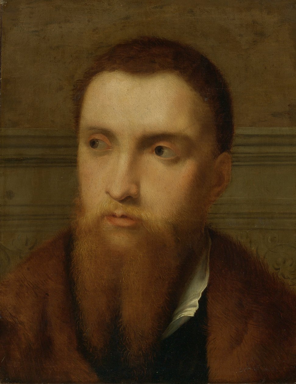 Portret van een bebaarde man, hoofd en schouders, in een interieur door Paris Bordone
