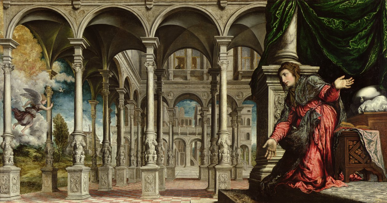 De Annunciatie, 1545-50 door Paris Bordone