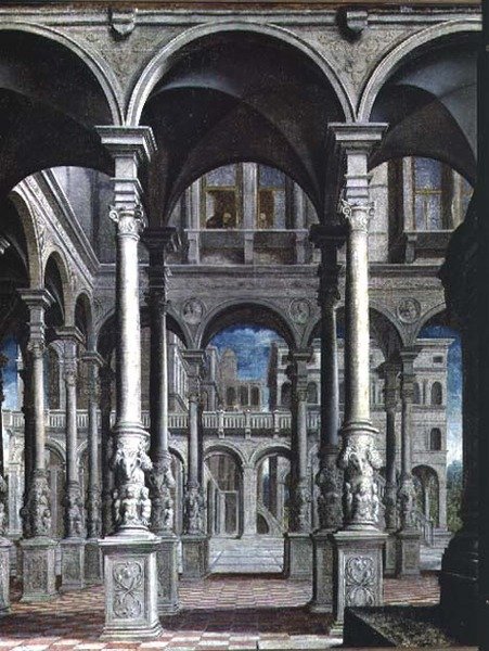 De annunciatie, detail van architectuur, 1545-50 (detail) door Paris Bordone